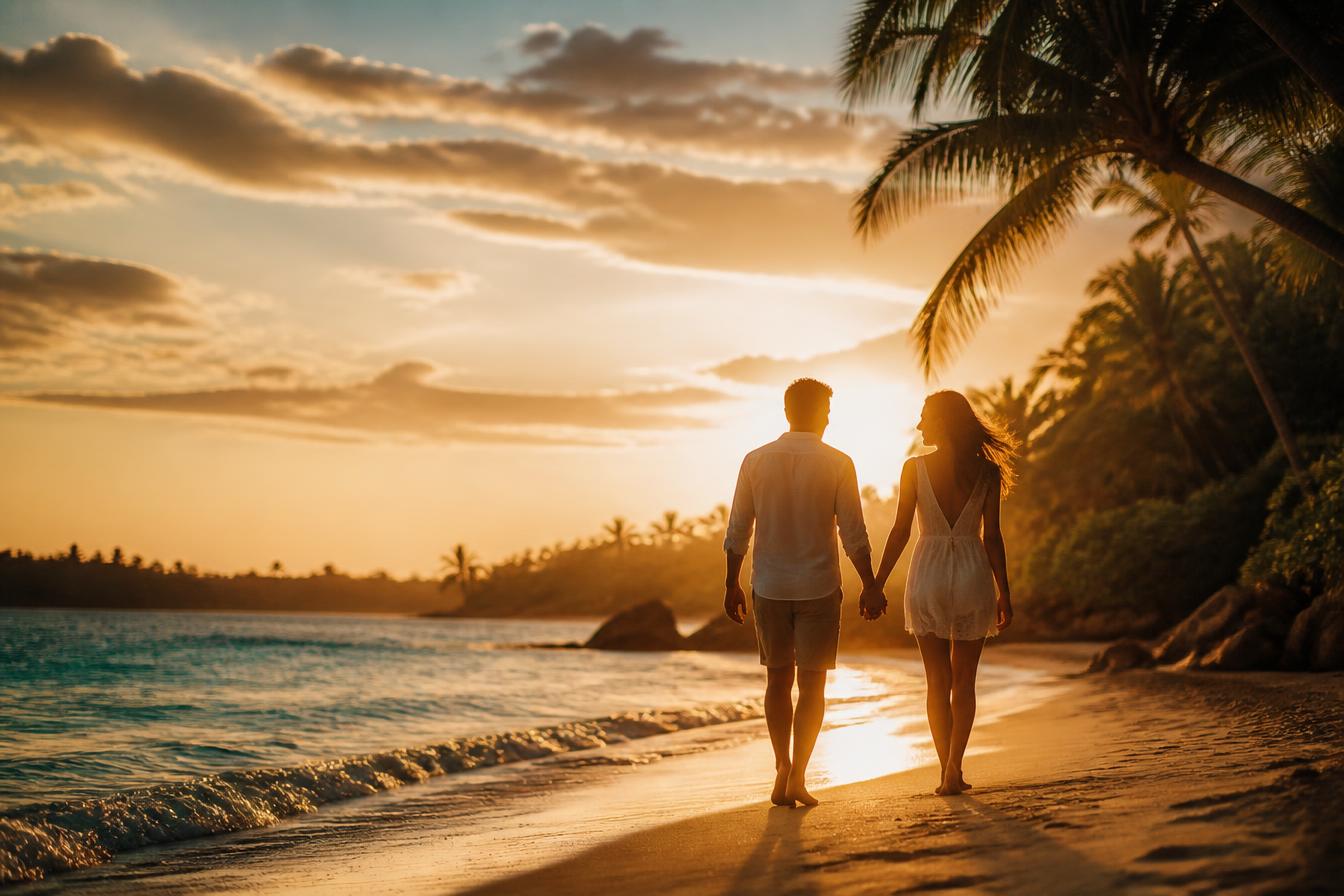 Coppia in spiaggia al tramonto: un'esperienza di viaggio emozionale