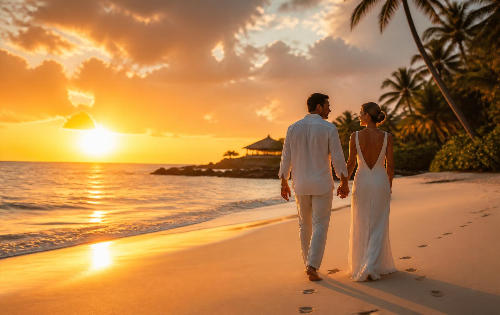 Coppia elegante al tramonto su una spiaggia tropicale